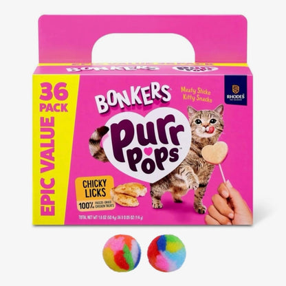 Bonkers Purrpops, Freeze Dried Chicken Flavored Lollipop Cat Treats, 36 Pk with 2 Pom Pom Cat Toys Balls!1
