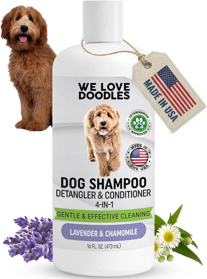 Dog Shampoo, Conditioner & Detangler, Hypoallergenic Tearless Lavender 16OZ | for Sensitive Itchy Skin, Best Shampoo for Smelly Dogs, Goldendoodle, Poodle & Doodle, Puppy Pet Wash Soap, USA Made, 4-In-11