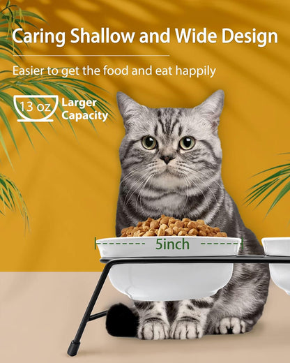 Anti-Vomiting Raised Cat Bowls - 2 × 13 Oz Ceramic Cat Food & Water Bowls with Non-Slip Stainless Steel Stand, Dishwasher Safe for Indoor Cats3