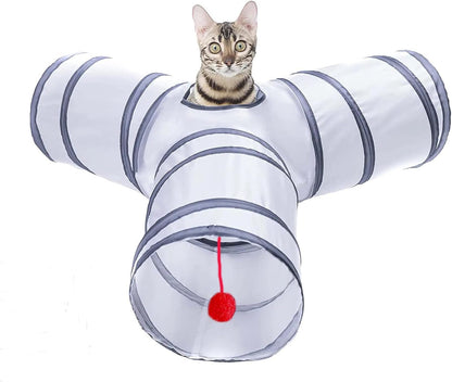Cat Tunnel, Collapsible Tube with 1 Play Ball Toys, 3 Ways Tunnels for Indoor Cats, Puppy, Kitty, Kitten, Rabbit (White and Gray)1