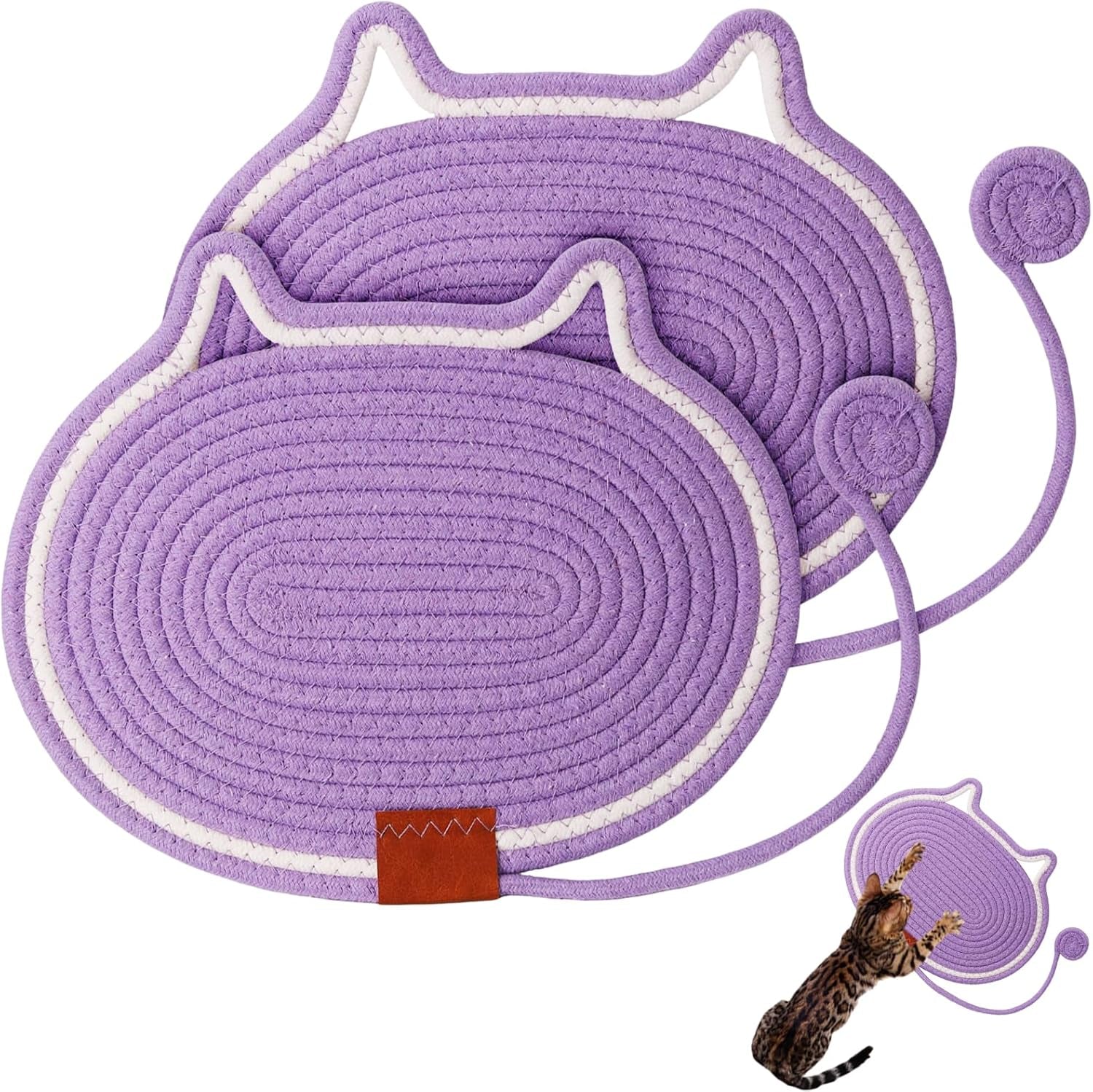 2-pc-cat-scratcher-mat-natural-cotton-rope-oval-horizontal-scratch-pad-11x13-7-with-dangling-ball-toy-cat-ear-design-furniture-protector-for-floor-wall-durable-handmade-balck-2-pc