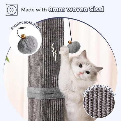 Tall Cat Scratching Post 33” Heavy Duty Sisal Scratcher Post | Modern Cat Scratching Post with Heavy Duty Base for Sturdy, Large 33" Vertical Sisal Rope Post & 2 Cat Toy Balls for Cat-Gray3