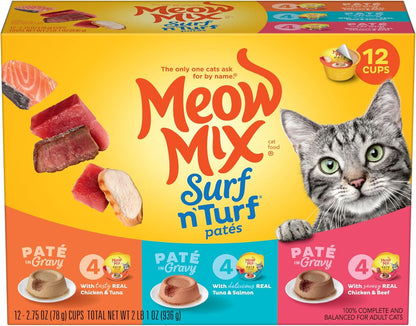 Meow Mix Paté in Gravy Surf N’ Turf Patés Variety Pack, Wet Cat Food, 2.75 Oz Cup, 12 Pack1