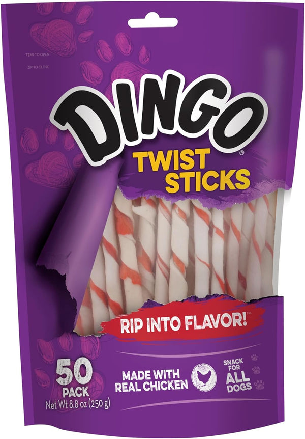 Dingo Twist Sticks Premium Rawhide Treats for Dogs Made with Real Chicken, 50 Count1