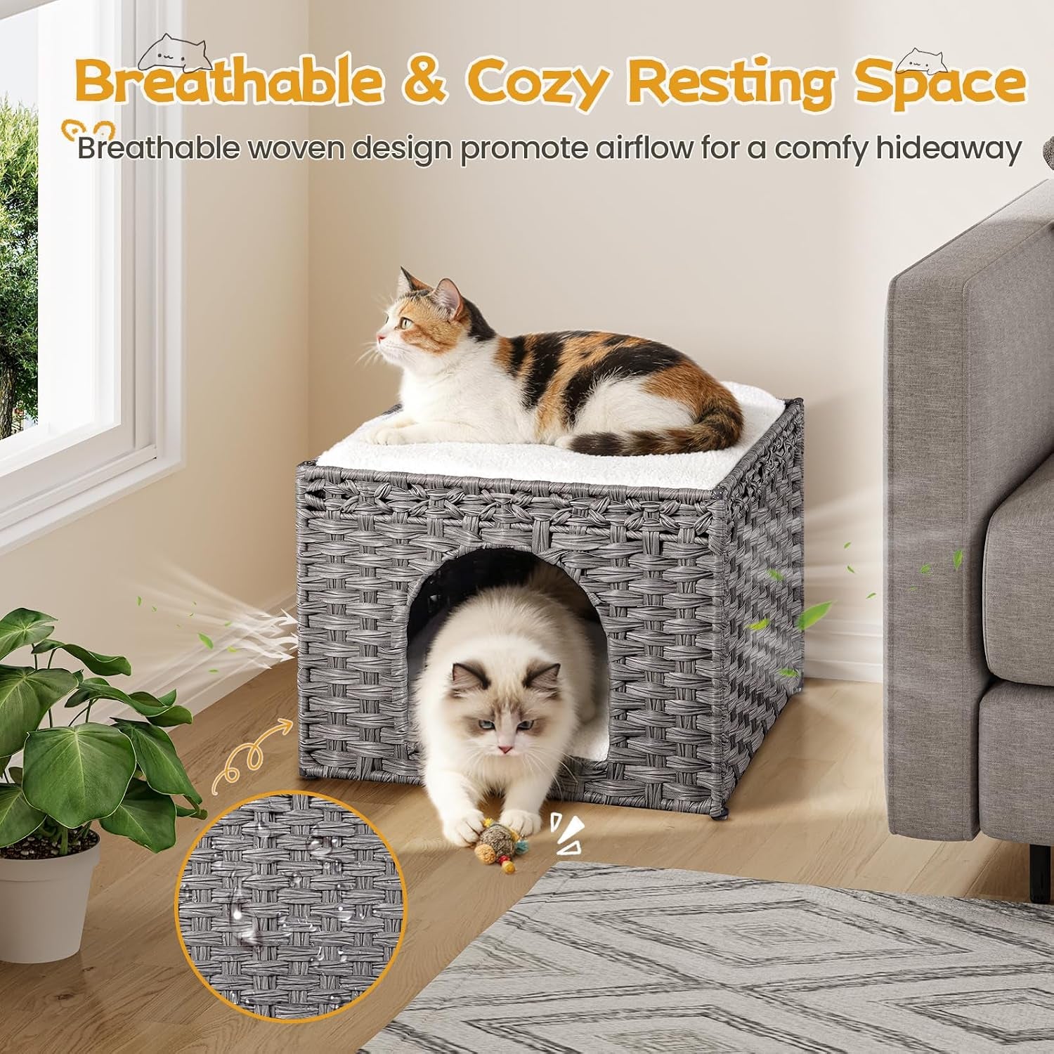 snughome-handwoven-rattan-cat-house-indoor-foldable-cat-bed-cave-with-2-removable-bed-mats-large-kitten-house-hideaway-pet-cube-16-54-x-16-54-x-12-6-inches-grey-for-living-room-bedroom