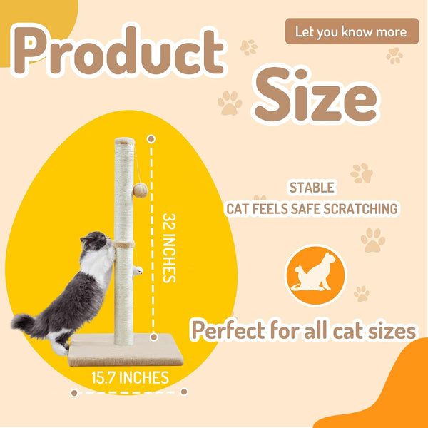 Meowhomm 32” Tall Cat Scratching Posts for Indoor Cats Adults with 2 Hanging Ball, Large Cat Scratch Post Cat Scratcher Includes Sisal Rope(Yellow)5