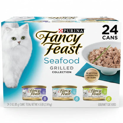 Purina Fancy Feast Seafood Grilled Collection gourmet cat food with 24 cans, featuring tuna and salmon flavors1