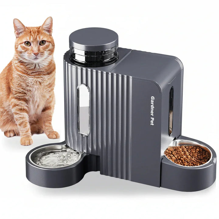 Automatic cat feeder and water dispenser with dry food and fresh water bowls