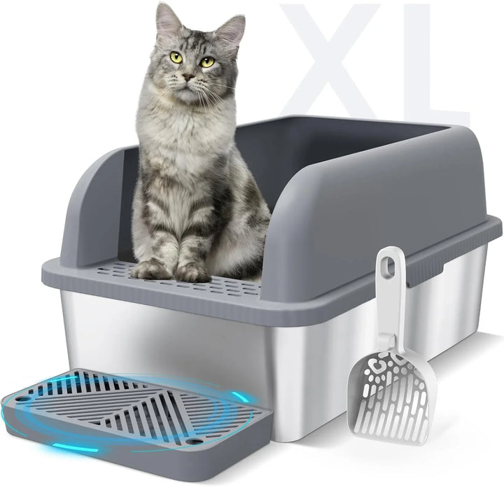 Gray tabby cat in XL covered litter box with scoop and odor control tray, ideal for cat litter essentials.