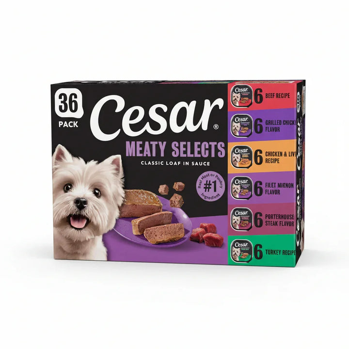 Cesar Meaty Selects dog food 36-pack with beef, chicken, turkey, and steak flavors for pets