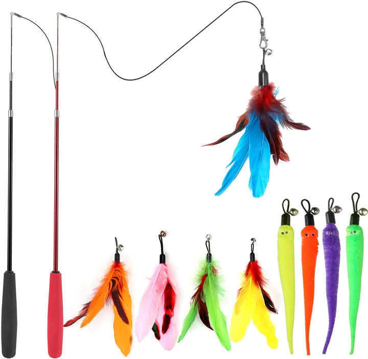 Cat feather wand toys with colorful attachments and extendable poles for interactive play