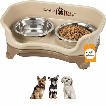 Elevated dog feeder with two stainless steel bowls for food and water, ideal for small dogs up to 15 pounds1