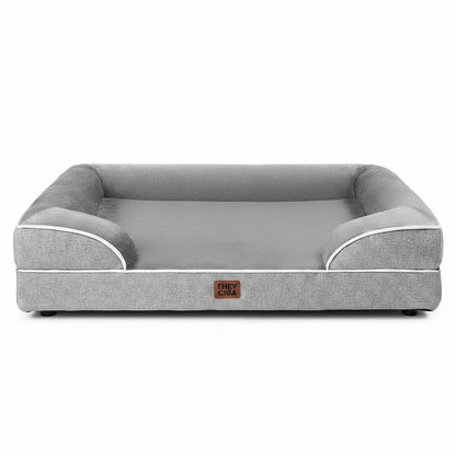 Gray dog bed with white trim and supportive sides for comfortable pet resting1