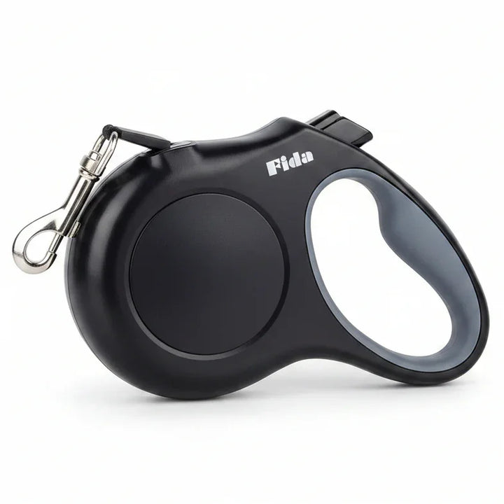 Black Fida retractable dog leash with ergonomic handle and metal clip for safe walks