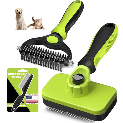 Green and black pet grooming brushes for dogs and cats, includes deshedding tool and comb set9