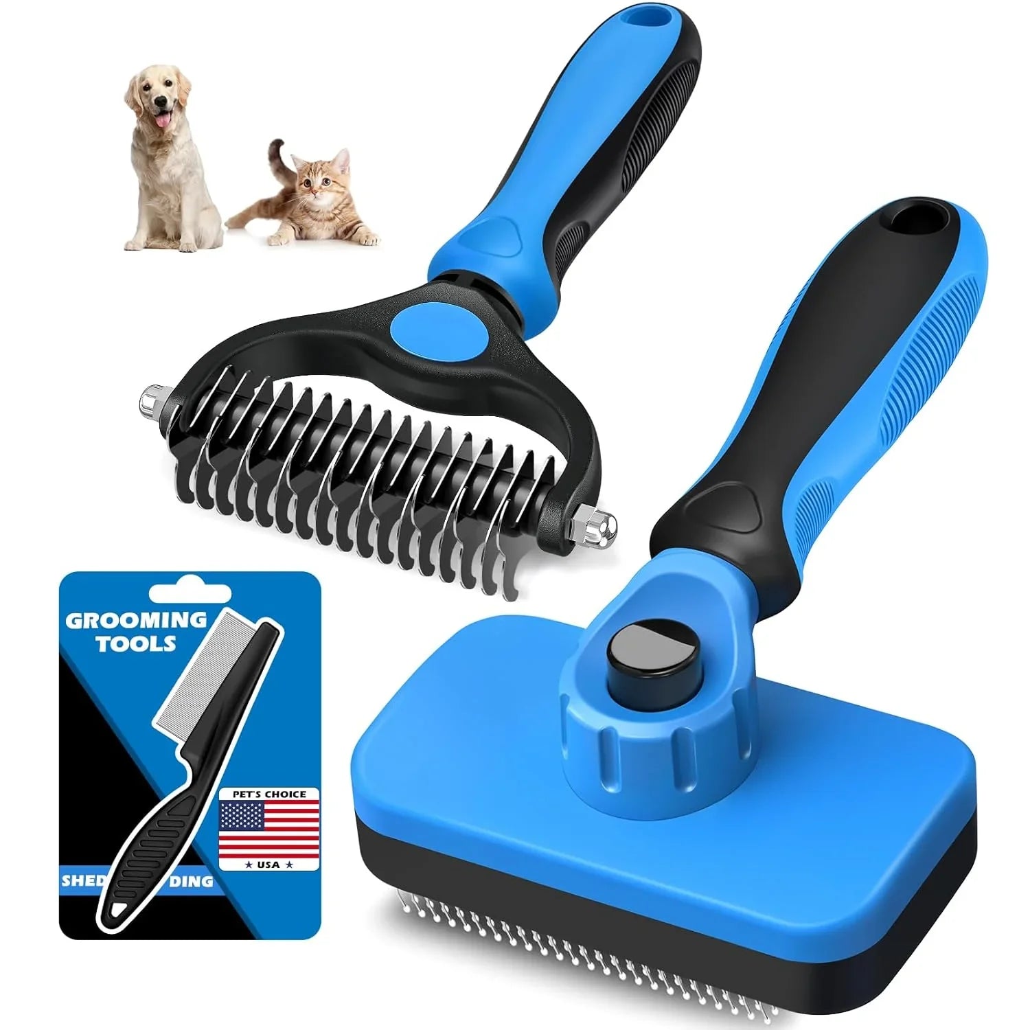 blue-and-black-pet-grooming-brushes-for-dogs-and-cats-featuring-deshedding-tools-and-a-flea-comb