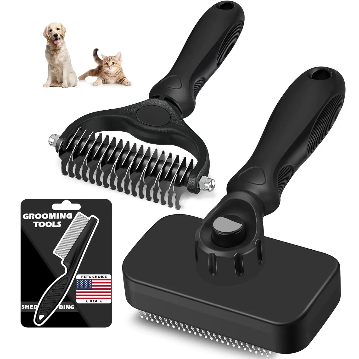black-pet-grooming-tools-for-dogs-and-cats-including-deshedding-brush-and-slicker-brush-with-ergonomic-handles