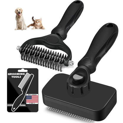Black pet grooming tools for dogs and cats, including deshedding brush and slicker brush with ergonomic handles7