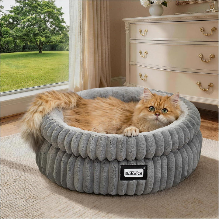 Fluffy orange cat resting in cozy gray ribbed pet bed near window, ideal for cats and dogs