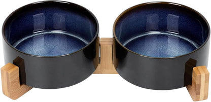 SPUNKYJUNKY Ceramic Dog and Cat Bowl with Wood Stand Non-Slip Matte Glaze Weighted Food Water Set for Cats &Small Dogs 13.5OZ21
