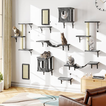 NUNU LAB Wall Mounted Cat Furniture Set - 6 Pcs Climber Set with House, Bridge, Steps, Scratcher Board - DIY Walls Playground, Indoor Cat Shelves - Gray12