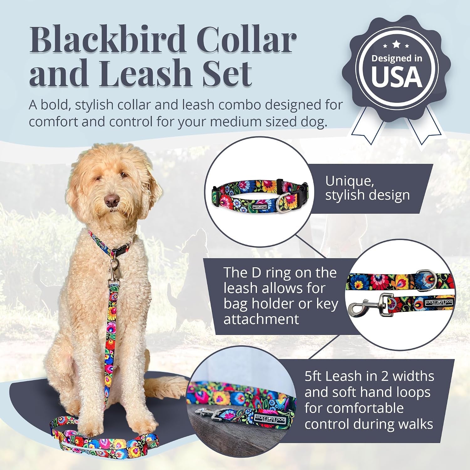 lucky-love-dog-easy-click-buckle-dog-collar-with-leash-set-combo-durable-comfortable-for-male-female-dogs-pet-collar-for-medium-dogs-secure-fit-blackbird-combo-medium