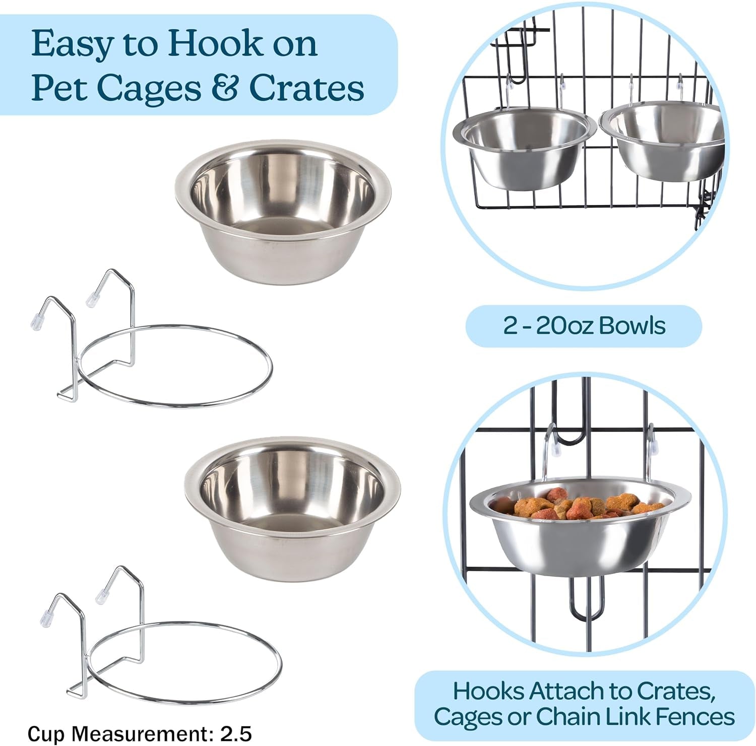 set-of-2-stainless-steel-dog-bowls-cage-kennel-and-crate-hanging-pet-bowls-for-food-and-water-20oz-each-and-dishwasher-safe-by-petmaker-silver