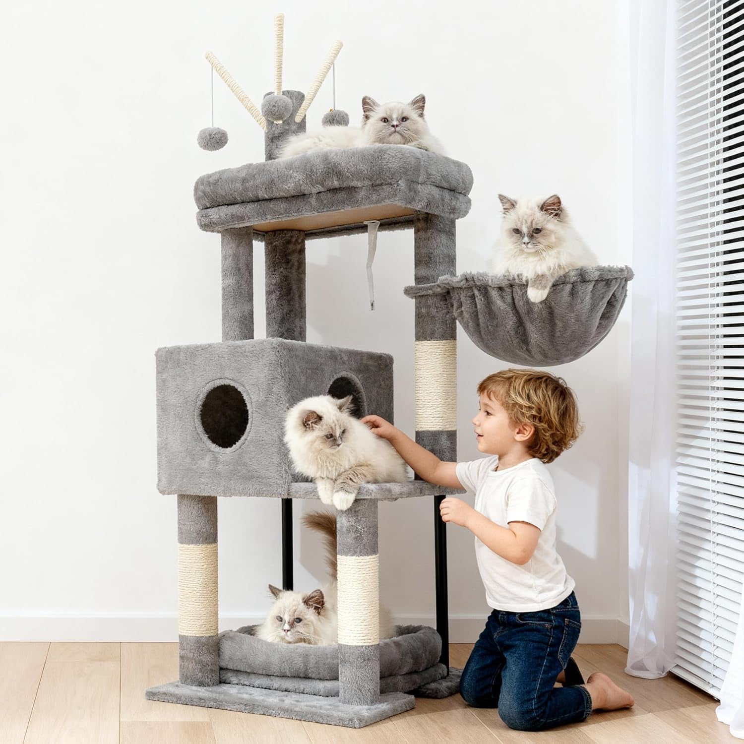 heybly-cat-tree-45-3-inch-cat-tower-for-indoor-cats-with-large-perch-all-in-one-cat-furniture-with-cozy-bed-hidden-space-cat-condo-comfy-hammock-scratching-posts-3-pompoms-light-gray-hct202sw