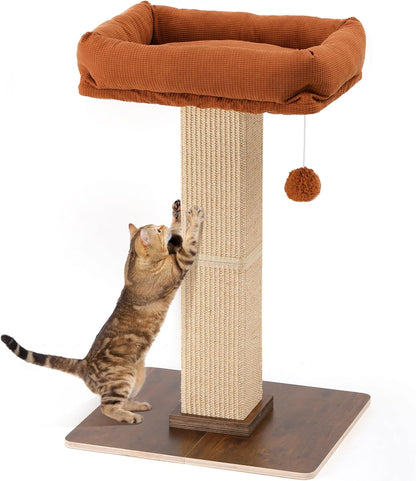FUKUMARU Retro-Style Cat Scratching Post with Perch for Indoor Adult Cats | 28.7" Elevated Tall Cat Bed, Solid Wood Large Cat Scratcher Tower with Bed, Aesthetic Cat Tree Furniture with Natural Sisal1
