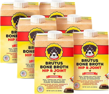 Brutus Beef Bone Broth for Dogs - All Natural Dog Bone Broth with Liquidchondroitin Glucosamine & Turmeric - Human Grade Dog Food Toppers for Picky Eaters - Tasty & Nutritious 16.9Oz (Pack of 6)10