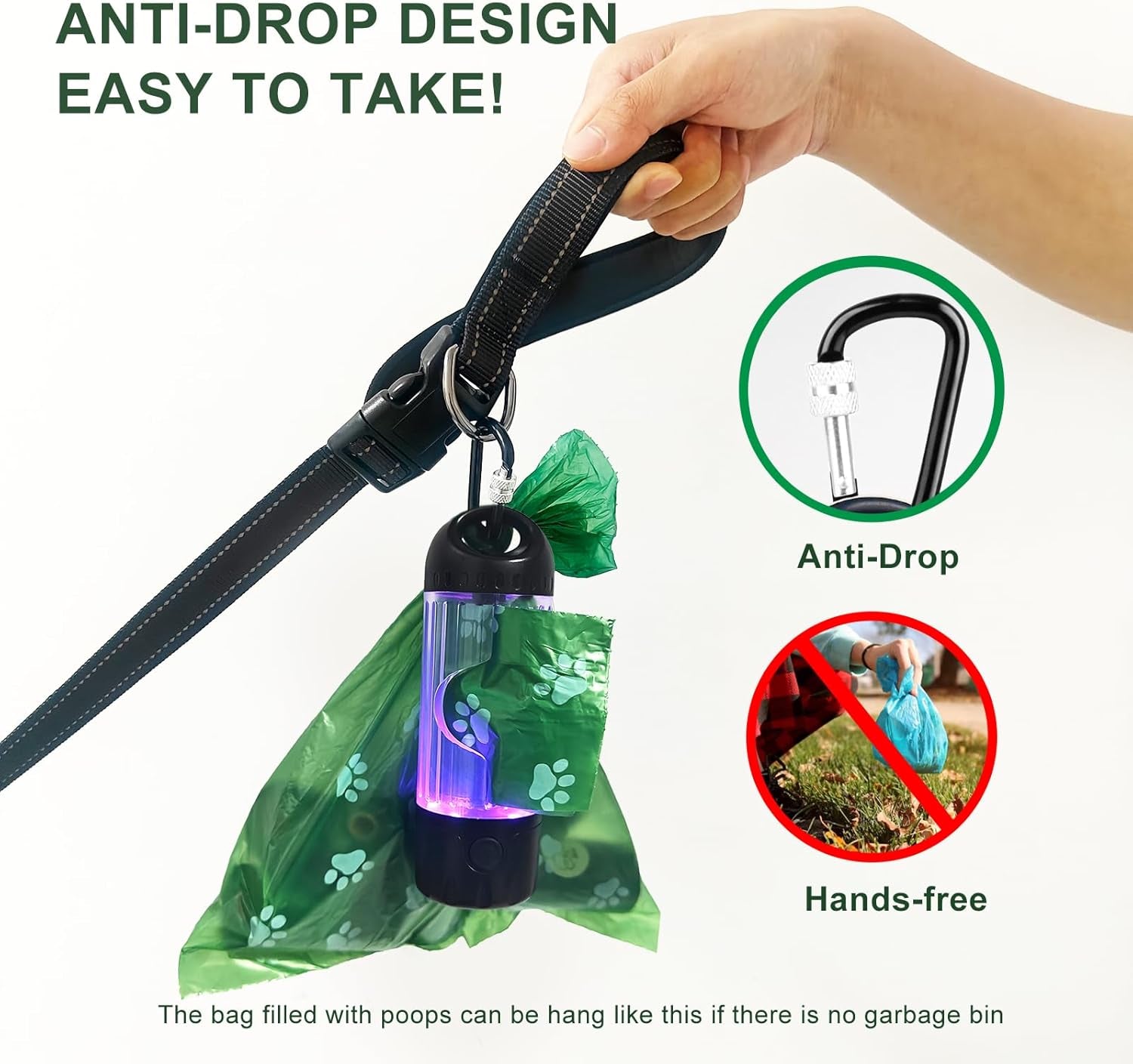 tubasion-3-in-1-dog-poop-bag-holder-with-flashlight-7-color-usb-c-rechargeable-doggie-bag-holder-for-leash-ipx6-waterproof-anti-slip-clip-pet-waste-bag-dispenser-for-walking-1-dispenser-30-bags