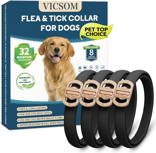 VICSOM Flea Collar for Dogs, Flea and Tick Prevention for Dogs, 4 Pack | 32 Months Flea and Tick Treatmen for Puppies and Small, Medium, Large Dogs, Waterproof Adjustable Collars, Unscented, Black1
