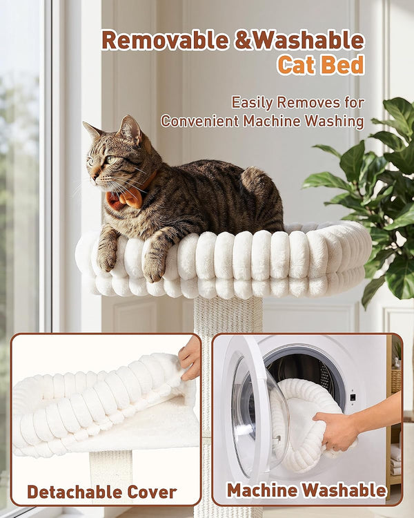 Morden Cat Scratching Post with Top Plush Bed for Indoor Cats | Removable & Washable Perch, Small Morden Cat Tree, Cat Tower with Scratch Post, Natural Sisal, White3