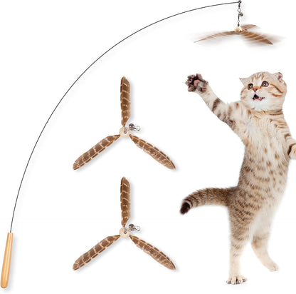 JXFUKAL Cat Wand Toys, Interactive Cat Toys with 3 Feather Refills, 29'' Flexible Steel Wire, Sturdy Wood Handle & Bell for Kitty Kitten, Cat Toys for Indoor Cats Teaser Cat String Toy1