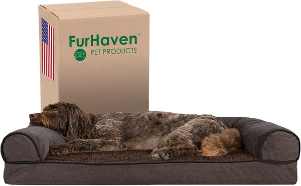 Furhaven Memory Foam Dog Bed for Medium/Small Dogs W/ Removable Bolsters & Washable Cover, for Dogs up to 35 Lbs - Luxe Faux Fur & Performance Linen Sofa - Woodsmoke, Medium21