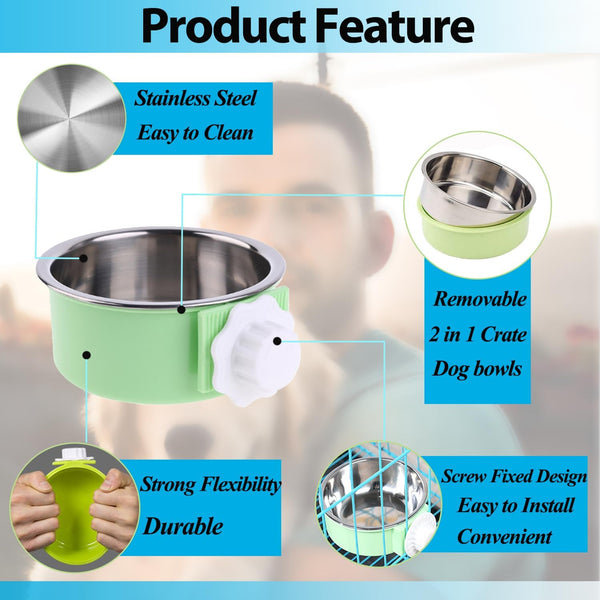 Mechpia 2 Pieces Crate Dog Bowl, Removable Stainless Steel Pet Kennel Hanging Food Water Feeder Bowl Cage Coop Cup for Puppy Medium Dog Cat Rabbit Ferret Bird (Blue,Green)2