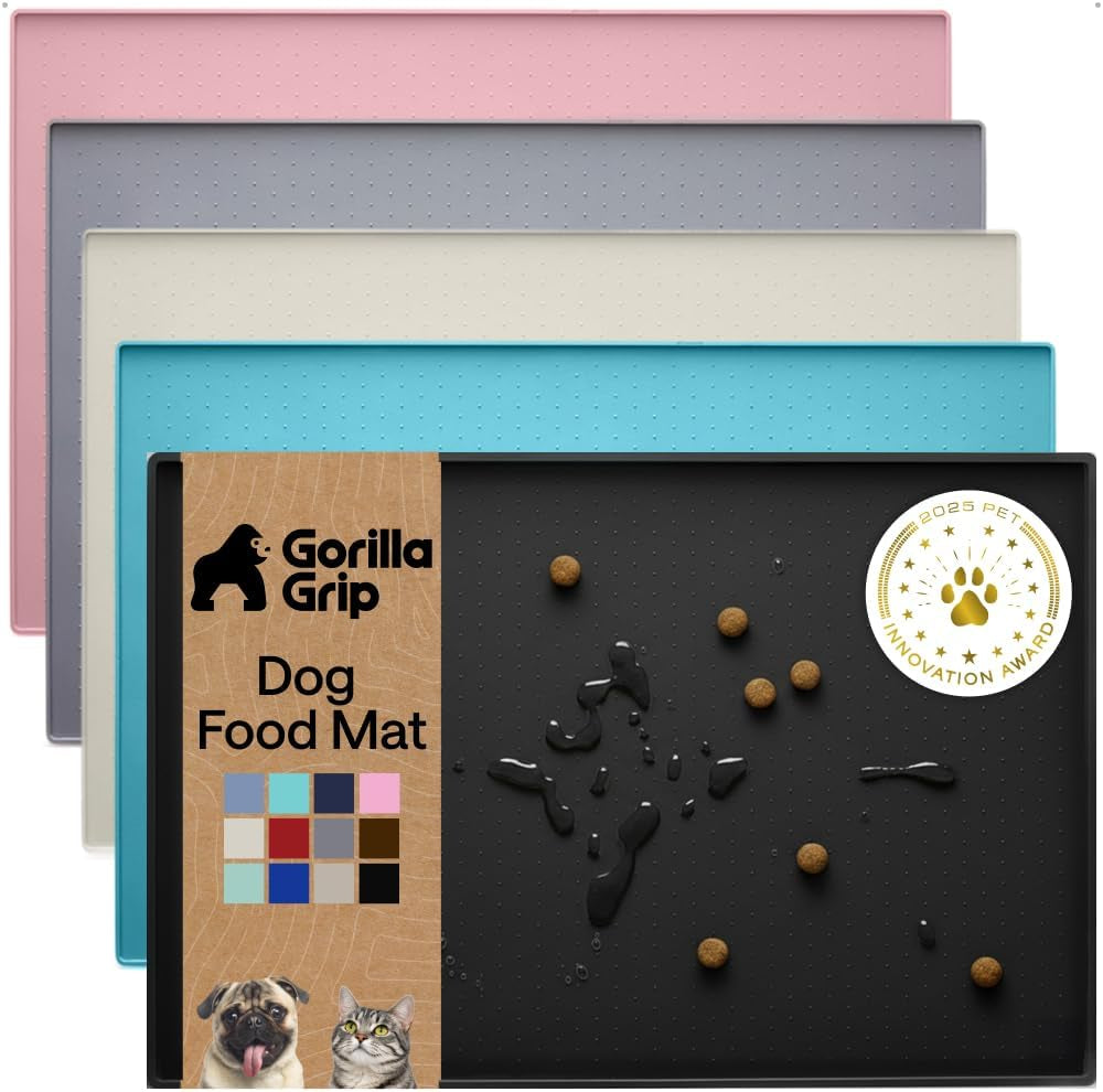 gorilla-grip-100-waterproof-raised-edge-bpa-free-silicone-pet-feeding-mat-dog-cat-food-mats-contain-spills-protects-floors-placemats-for-cats-and-dogs-water-bowl-18-5x11-5-gray