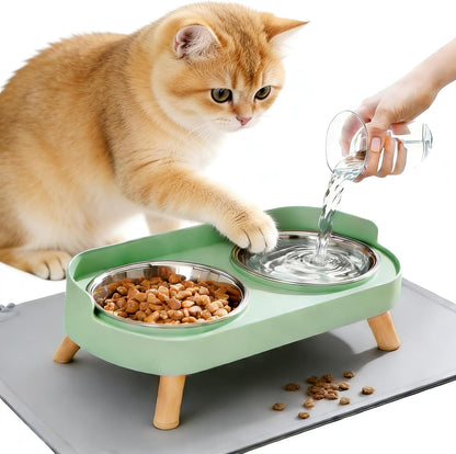 Elevated Cat Bowls with Food Mat, Splash Proof anti Vomiting Raised Cat Food and Water Bowl Set, 2 Stainless Steel Dishes for Cats and Puppy, Pet Bowl for Indoor Cats White8