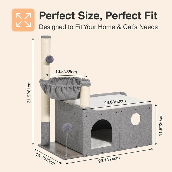 Veehoo Extra Large Cat House Bed for Indoor Cats, 29X16X31.9 Sturdy Condo | Cat Hideaway with Scratching Post, Foldable Cube with Hammock, Cave with 2 Plush Interactive Balls for Multiple Cats, Gray7