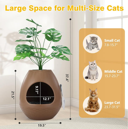 Eggloa6 Hidden Cat Litter Box with Artificial Plants ＆ Odor Removal System, Egg-Shaped Enclosure Includes Scoop ＆3PCS Liners Secret, Discreet Furniture, DIY Assembly Cat Litter Box Cabinet (Brown)6