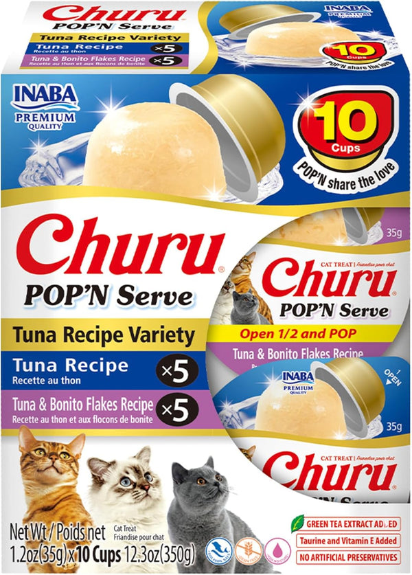 INABA Churu Pop'N Serve Lickable Cat Treats, Tuna Variety, 10Ct | Immune Support, 90% Moisture, 16 Calories, Soft Jelly, Easy-Serve Cup, Grain-Free, 10 X 1.2 Oz Cups1
