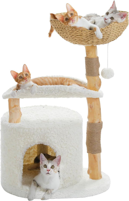 PAWZ Road 59" Modern Cat Tree, Natural Wood Cat Tower for Large Cats White | Wicker Basket Bed&2 Flower Perches for Multi-Cat, Cat Tree Tower with Large Condo&Hammock, Solid Wood Cat Tree House11
