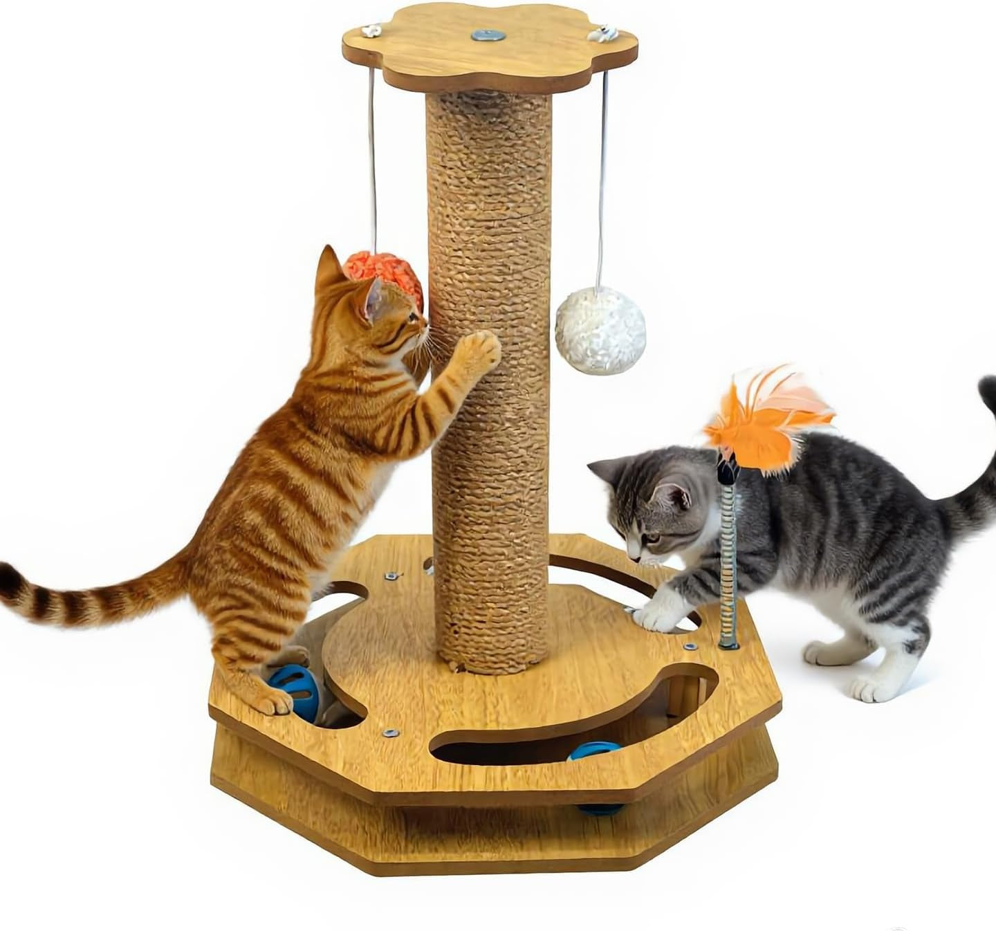 cat-scratching-post-with-vertical-scratcher-and-tracking-interactive-toy-for-kittens-4-in-1-cat-scratcher-toy-with-cat-ball-tracks-16-6-tall-with-interactive-feather
