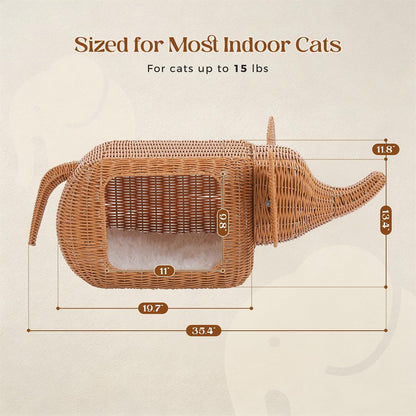 MUTTROS Elephant-Shaped Cat Condo Bed for Indoor Cats, Woven Cat House with Thick Plush Cushion for Large Cats and Kittens, Sturdy Pet Hideaway for Small Dogs and Rabbits, 35 X 12 X 13 Inches7