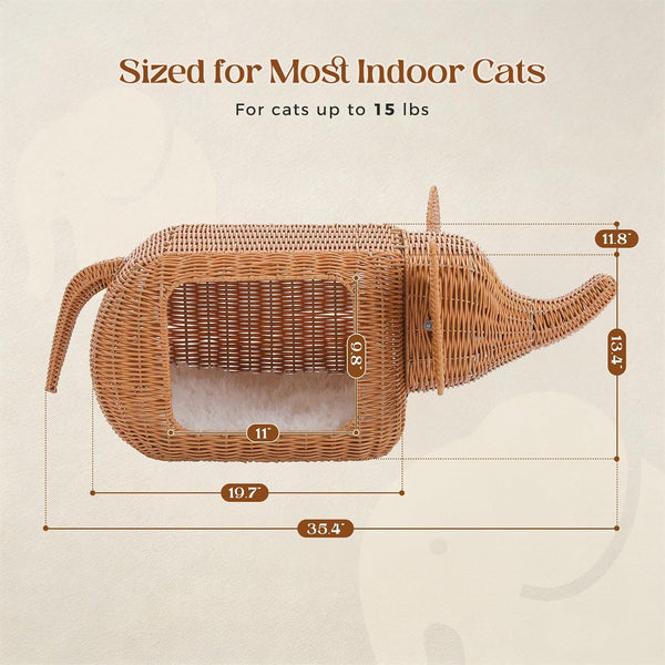 MUTTROS Elephant-Shaped Cat Condo Bed for Indoor Cats, Woven Cat House with Thick Plush Cushion for Large Cats and Kittens, Sturdy Pet Hideaway for Small Dogs and Rabbits, 35 X 12 X 13 Inches7