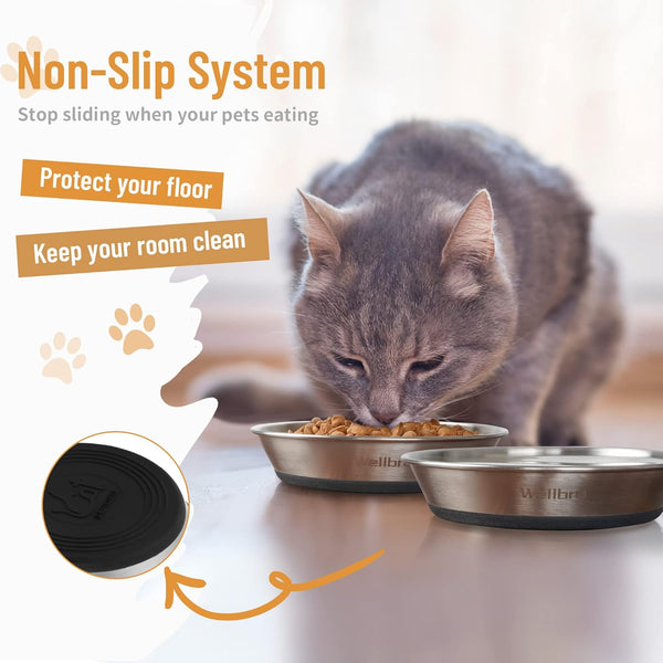 Cat Bowls, 2 Pcs Stainless Steel Cat Bowls for Food and Water, Whisker Fatigue Shallow Non-Slip Dishes Plates for Small Dog Puppies Cats4