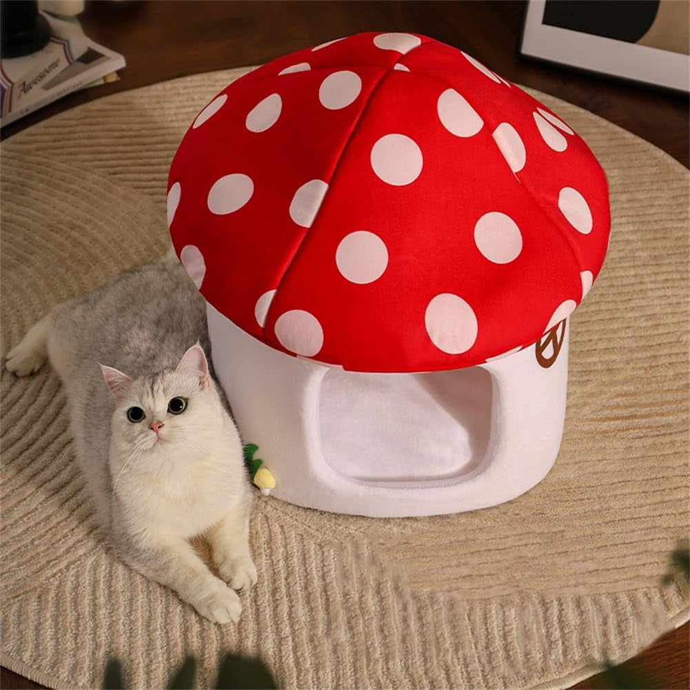lyfjmus-mushroom-cat-bed-for-indoor-cats-mushroom-cow-shape-cat-cave-bed-cat-tent-with-removable-washable-cushion-pillow-cat-house-bed-for-cats-small-dogs