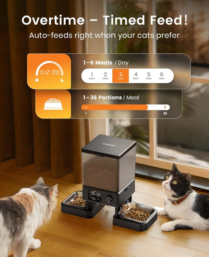Oneisall Automatic Cat Feeder for 2 Cats Pets, Timed Cat Food Dispenser | 20 Cups/5L, Prevent Fighting, Precise Portion, Balanced Dispense, Non-Slip & Stable, Voice Recorder, Stainless Steel Bowls7