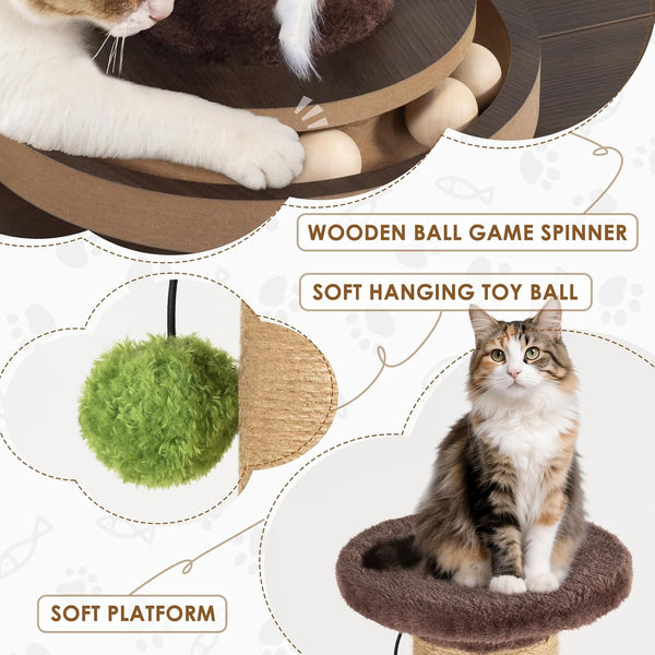 35.4" Tall Sisal Cat Scratching Post, Anti-Tip Stable Base, Interactive Mouse Hole & Toys, Furniture Grade Wood Cat Scratcher Tower for Indoor Cats4