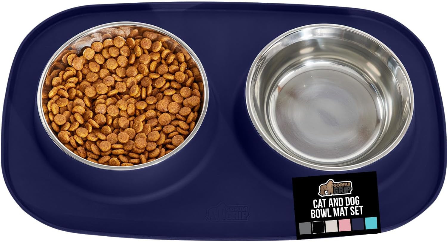 gorilla-grip-patented-dog-bowl-set-with-slip-resistant-silicone-feeding-mat-food-grade-304-stainless-steel-bowls-bpa-free-high-edge-spill-containment-dishwasher-safe-finger-notch-removal-2-cup-gray